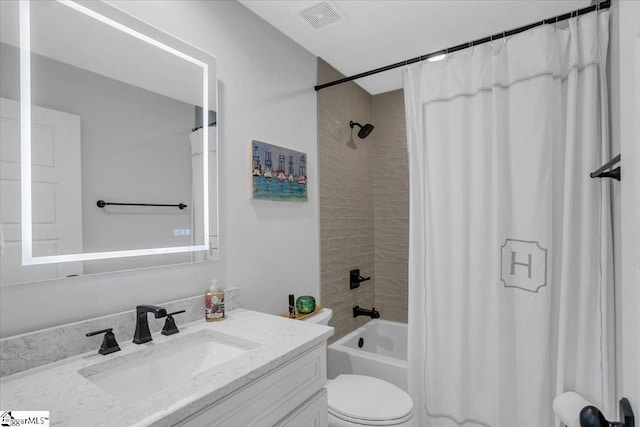 full bathroom with vanity, toilet, and shower / bathtub combination with curtain