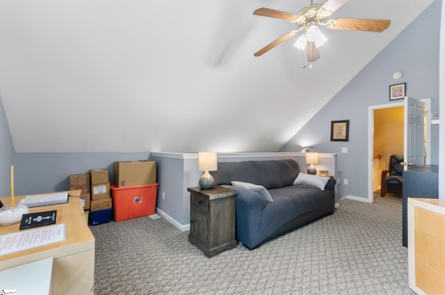 bedroom featuring lofted ceiling, carpet floors, and ceiling fan