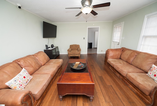 living room with dark wood-type flooring, ornamental molding, and ceiling fan