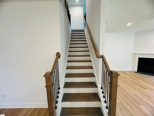 staircase with wood-type flooring