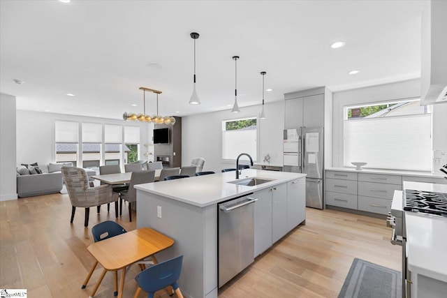 kitchen featuring pendant lighting, sink, appliances with stainless steel finishes, gray cabinetry, and an island with sink