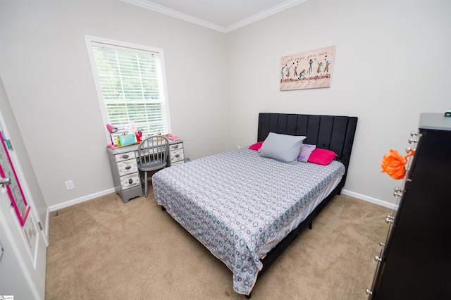 bedroom featuring light carpet and ornamental molding