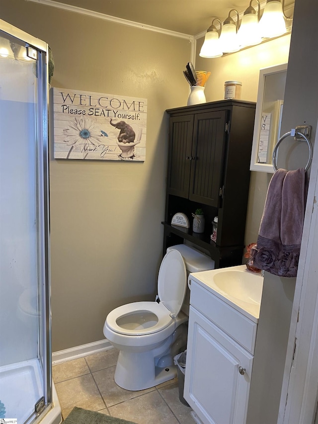 bathroom with walk in shower, tile patterned floors, vanity, and toilet