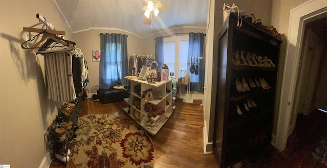 spacious closet featuring hardwood / wood-style flooring and vaulted ceiling