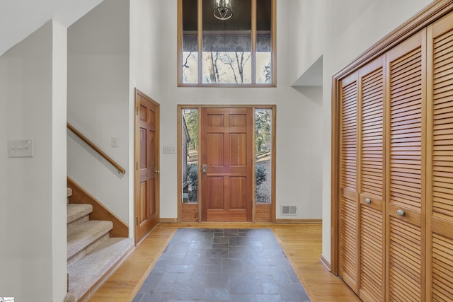 entryway with a towering ceiling and wood-type flooring