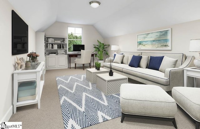 living room with lofted ceiling and light carpet