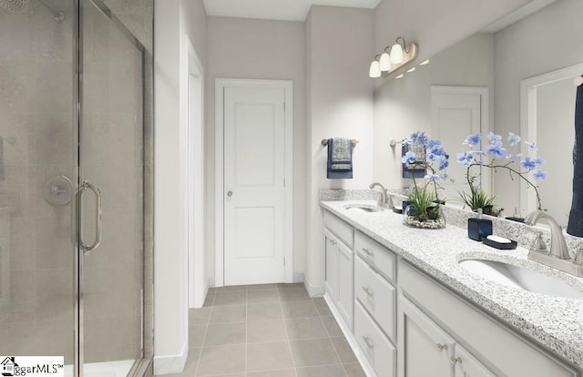 bathroom featuring vanity, tile patterned floors, and walk in shower