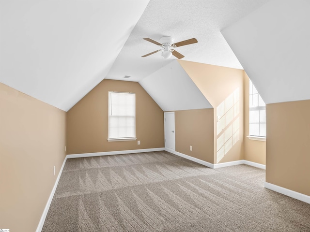 additional living space with a healthy amount of sunlight, vaulted ceiling, carpet, and a textured ceiling