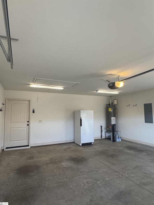 garage featuring a garage door opener, electric panel, and gas water heater