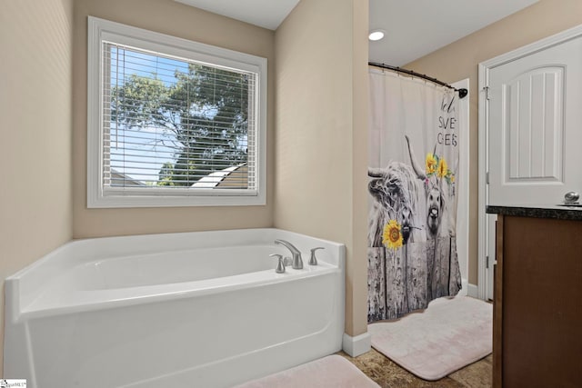 bathroom featuring a washtub, vanity, and a wealth of natural light