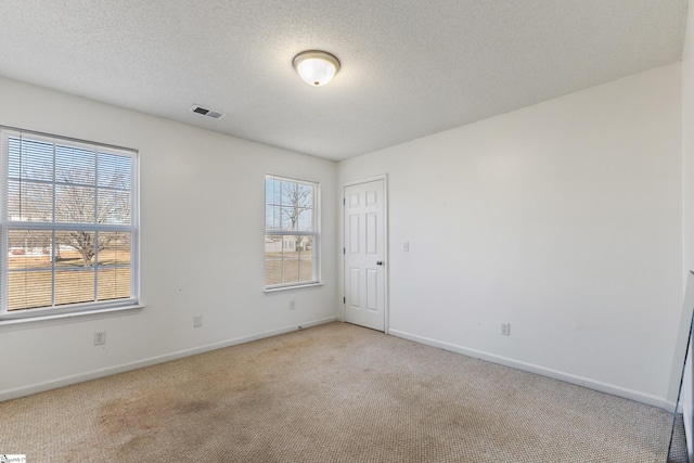 spare room featuring light colored carpet and a textured ceiling