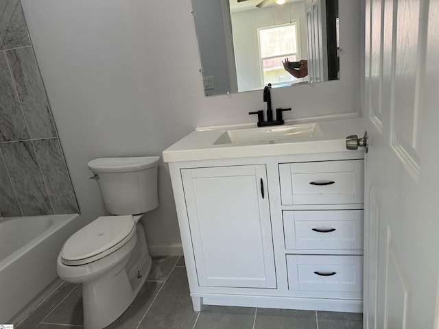 bathroom with ceiling fan, tile patterned floors, vanity, and toilet