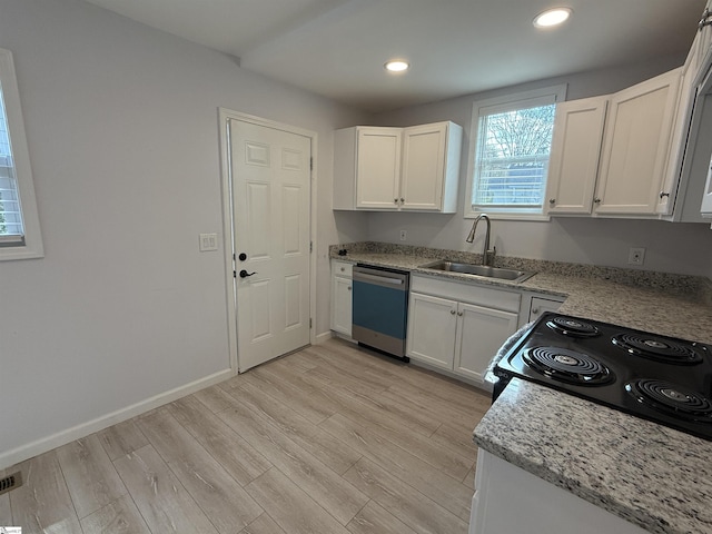 kitchen featuring sink, white cabinetry, dishwasher, range with electric cooktop, and light hardwood / wood-style floors