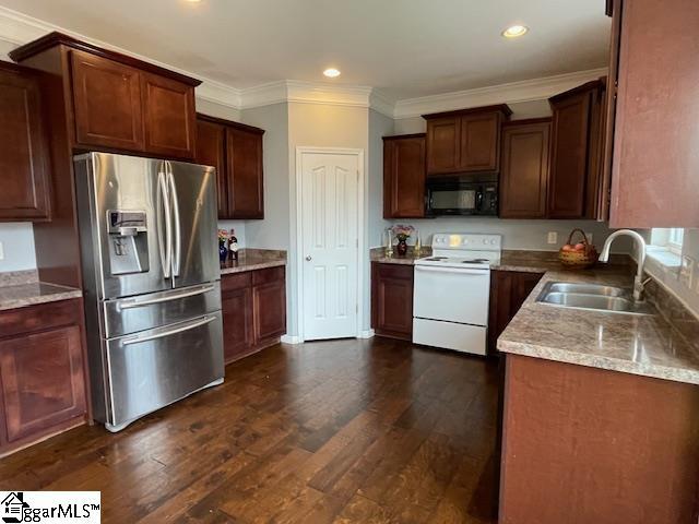 312 Engelmann Ln, Simpsonville, SC 29680 - kitchen with stainless steel refrigerator with ice dispenser, sink, crown molding, dark hardwood / wood-style flooring, and white range with electric cooktop