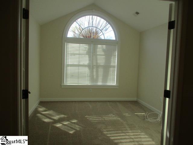 unfurnished room featuring lofted ceiling and carpet