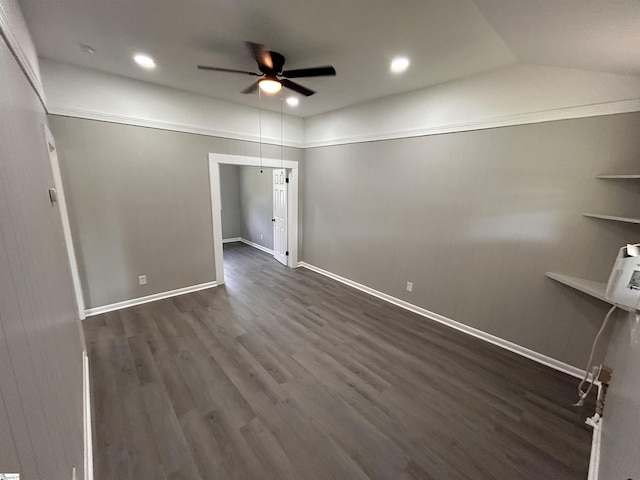 unfurnished room with dark wood-type flooring and ceiling fan