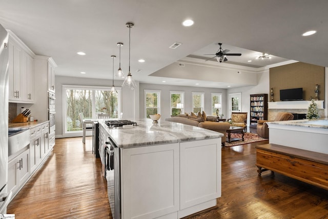 kitchen with dark hardwood / wood-style floors, a kitchen island, pendant lighting, light stone countertops, and white cabinets