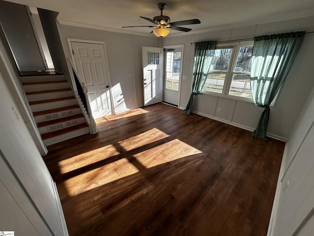 interior space featuring ornamental molding, ceiling fan, and dark hardwood / wood-style flooring