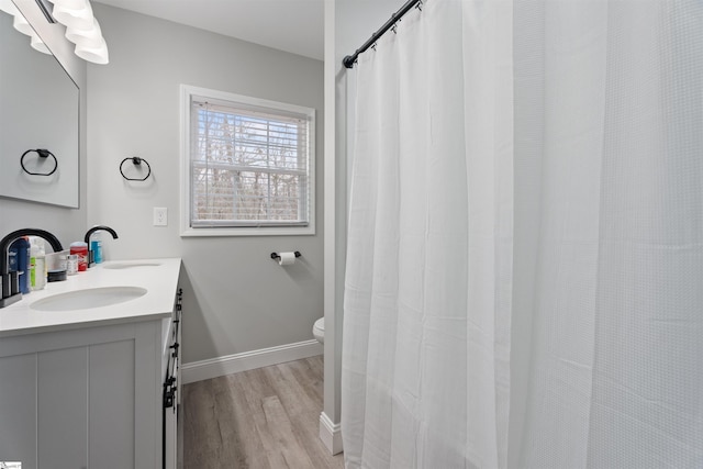 bathroom with vanity, hardwood / wood-style flooring, and toilet