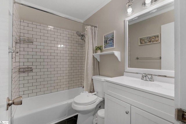 full bathroom featuring ornamental molding, toilet, vanity, and shower / bath combo