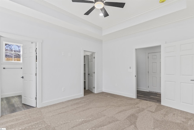 unfurnished bedroom with carpet floors, a spacious closet, ceiling fan, a raised ceiling, and crown molding