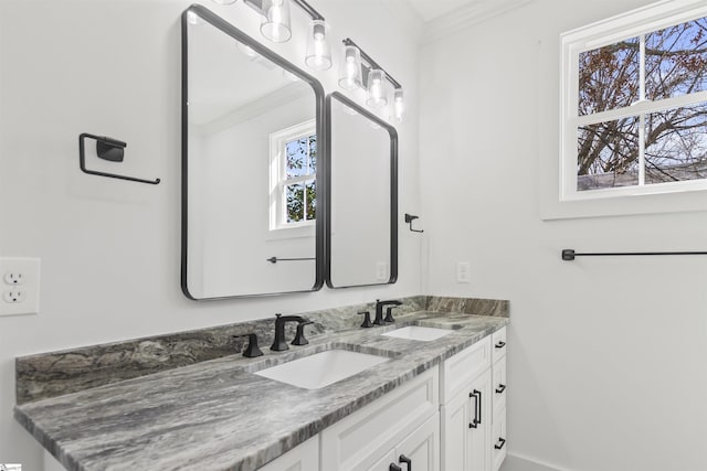 bathroom featuring ornamental molding and vanity