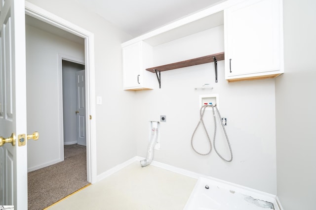 washroom featuring cabinets, washer hookup, carpet flooring, and electric dryer hookup