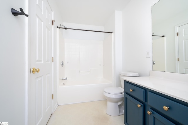 full bathroom featuring vanity, bathing tub / shower combination, and toilet