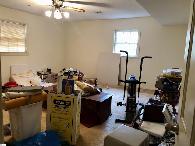 exercise room with ceiling fan and light carpet