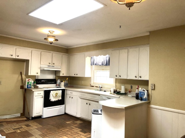 kitchen with white cabinetry, kitchen peninsula, sink, and range with electric stovetop