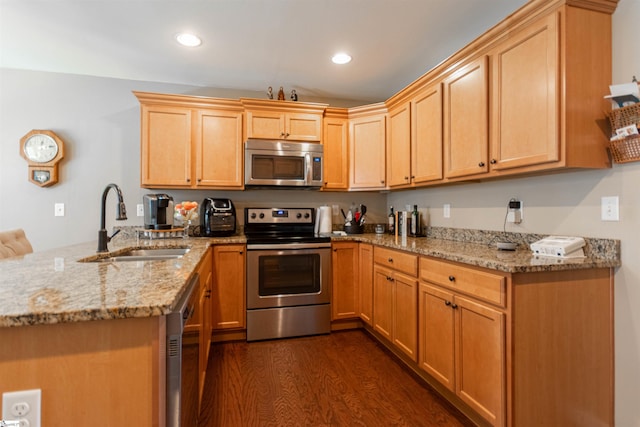 kitchen with dark hardwood / wood-style floors, sink, kitchen peninsula, stainless steel appliances, and light stone countertops