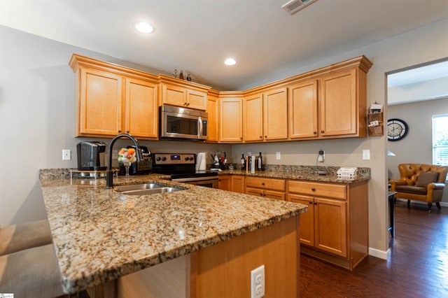 kitchen with dark wood-type flooring, sink, light stone counters, kitchen peninsula, and stainless steel appliances