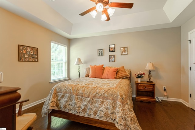 bedroom featuring a tray ceiling and ceiling fan