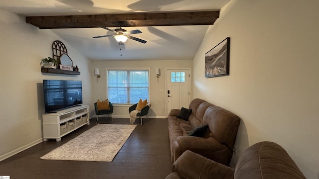 living room with lofted ceiling with beams, dark hardwood / wood-style floors, and ceiling fan