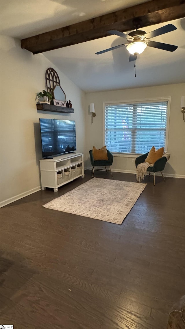 living room featuring ceiling fan, dark hardwood / wood-style flooring, and vaulted ceiling with beams