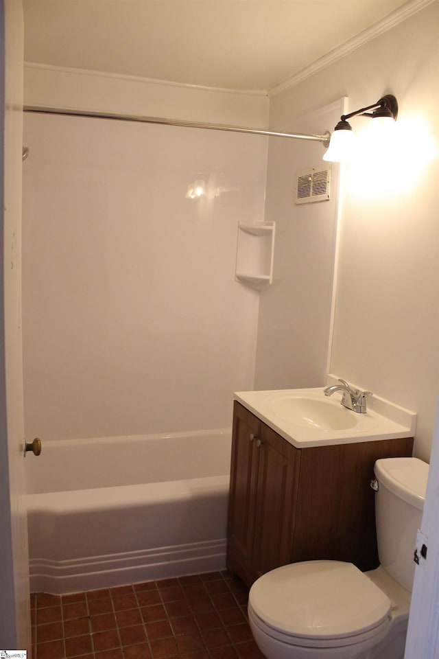 full bathroom featuring vanity, ornamental molding, tub / shower combination, and toilet