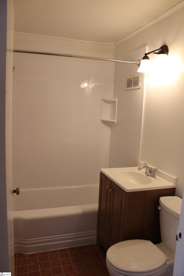 full bathroom with vanity,  shower combination, ornamental molding, and toilet