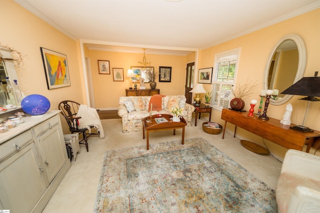 living room featuring crown molding and light colored carpet