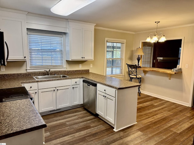 kitchen featuring decorative light fixtures, white cabinetry, sink, stainless steel dishwasher, and kitchen peninsula