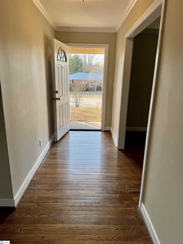 doorway featuring dark hardwood / wood-style flooring and ornamental molding