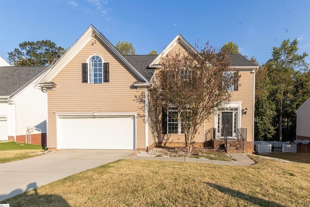 front facade featuring a garage and a front lawn