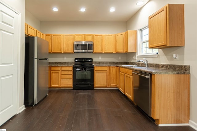 kitchen with sink, stainless steel appliances, dark hardwood / wood-style floors, and light brown cabinets