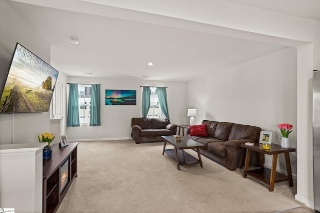 living room with light colored carpet