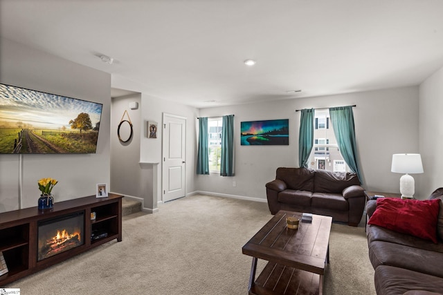 living room featuring light colored carpet