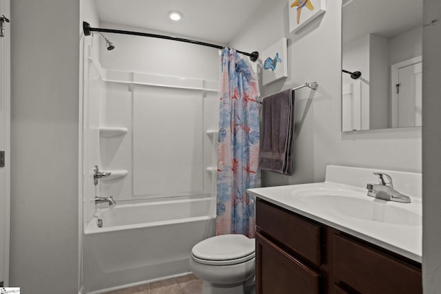 full bathroom featuring vanity, shower / bath combination with curtain, and toilet