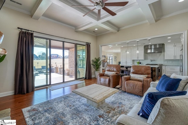 living room with wood-type flooring, coffered ceiling, ceiling fan, and beam ceiling