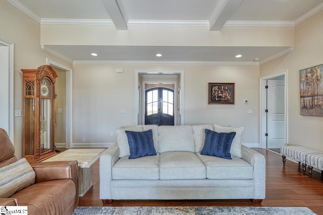 living room featuring ornamental molding, dark wood-type flooring, and beam ceiling