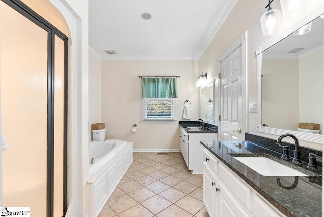 bathroom featuring tile patterned flooring, ornamental molding, a bath, and vanity