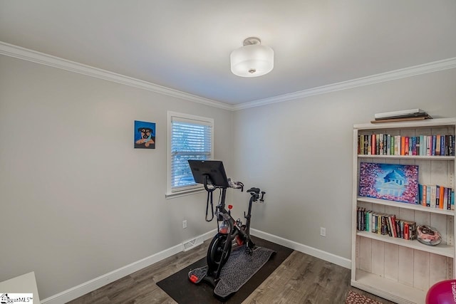 exercise room featuring dark wood-type flooring and crown molding