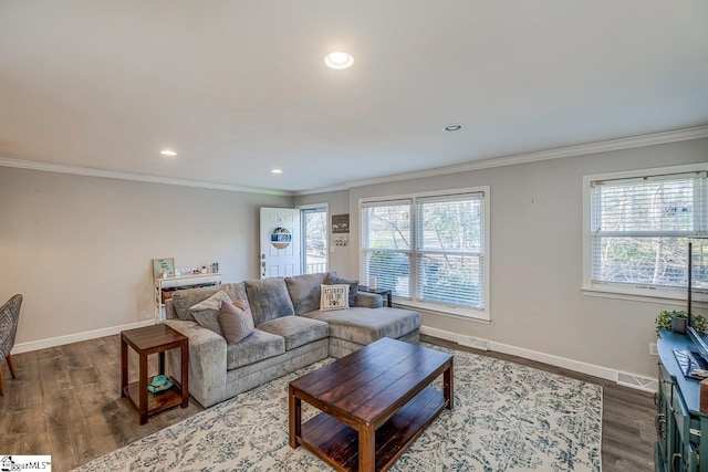 living room featuring dark wood-type flooring, ornamental molding, and a healthy amount of sunlight